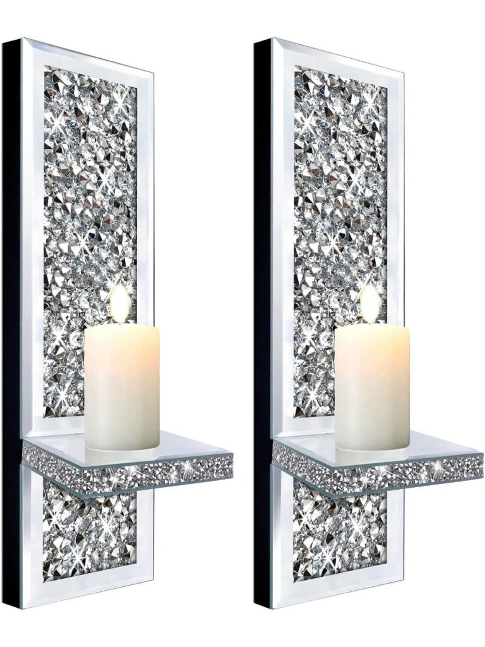 New Set of 2 Crystal Crush Diamond Candle Sconces, Gorgeous Silver Mirrored